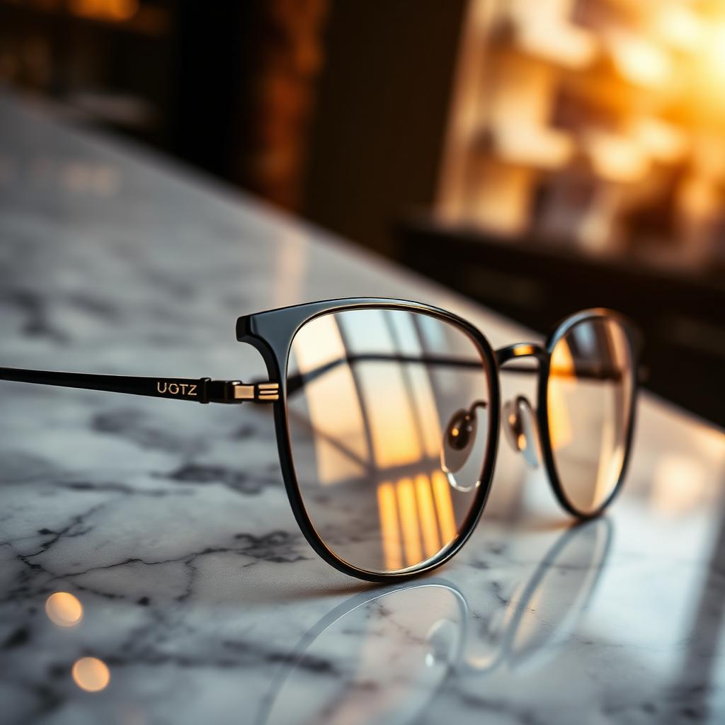 Curated designer eyeglasses on marble display